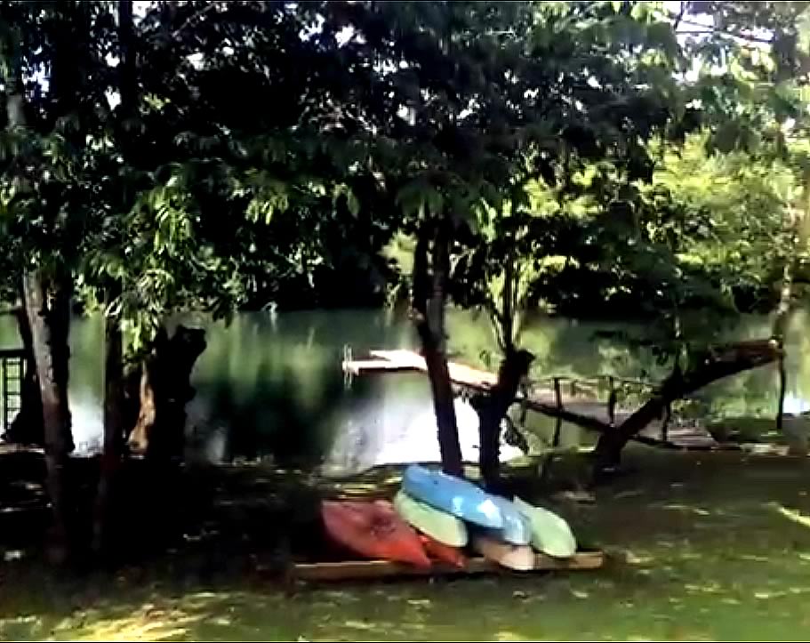 Kayaks on rack along the river side