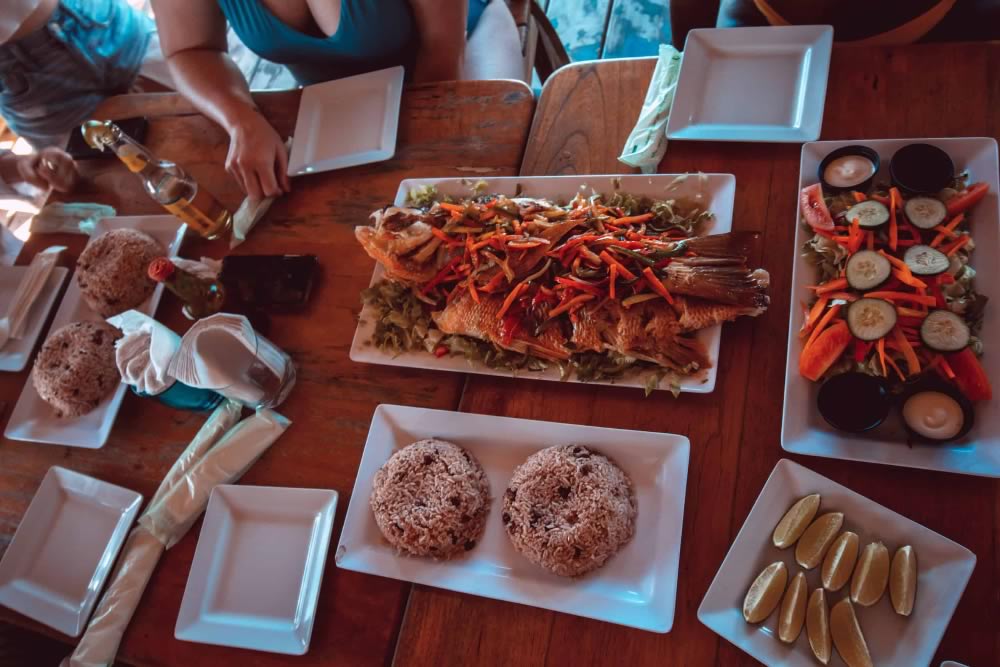 Restaurant table with food and drinks
