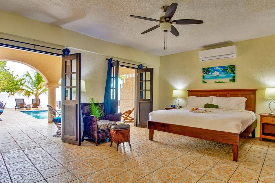 Interior of beach level room with views of the sea