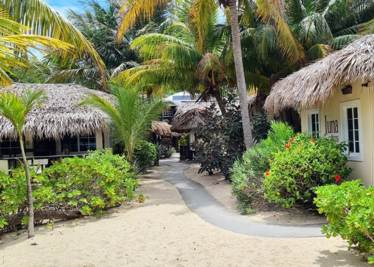 Walkway between cabanas with garden