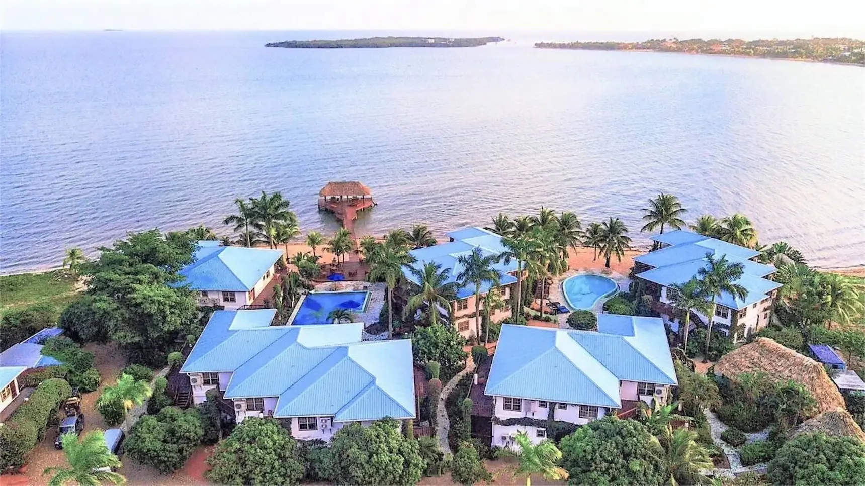Aerial view of Chabil Mar Luxury Villas on the Placencia Peninsula beach