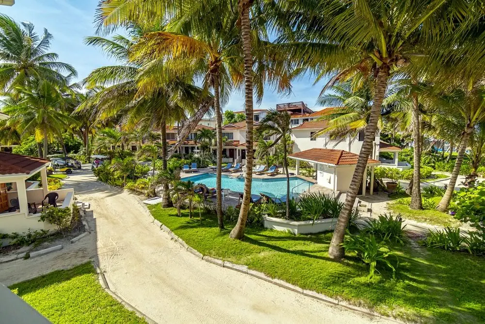 Aerial view of the grounds at Paradise Villas with golf cart drive way